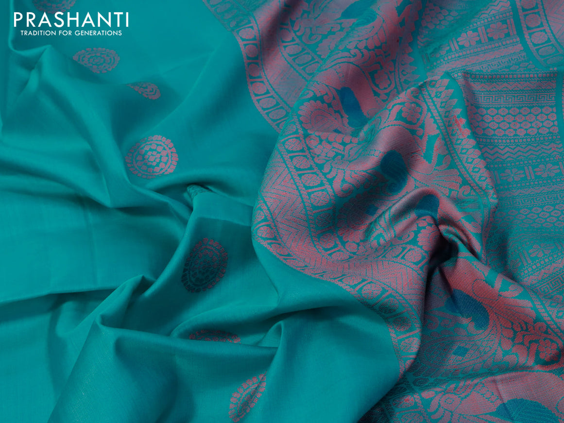 Pure soft silk saree teal blue with thread woven annam & rudhraksha buttas with thread woven border