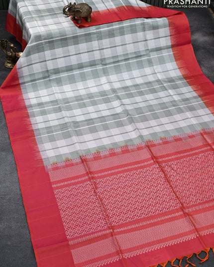 Pure soft silk saree off white grey and dual shade of pink with allover checked pattern and simple border