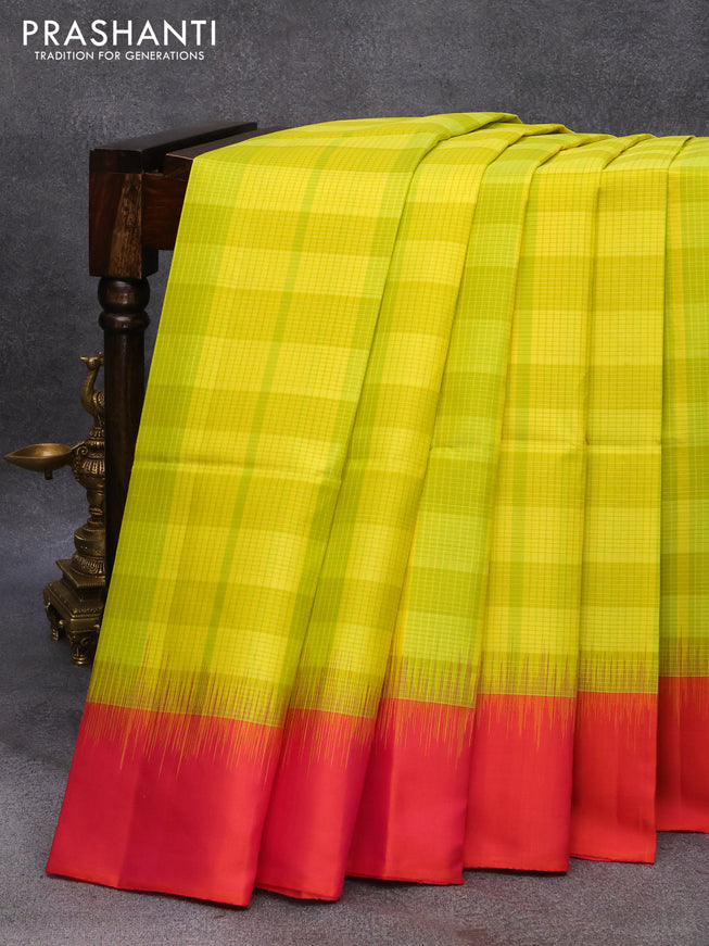 Pure soft silk saree lime yellow and dual shade of pinkish orange with allover checked pattern and simple border