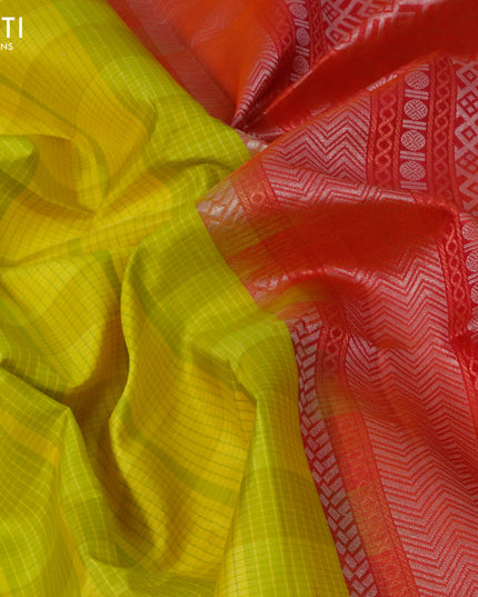 Pure soft silk saree lime yellow and dual shade of pinkish orange with allover checked pattern and simple border