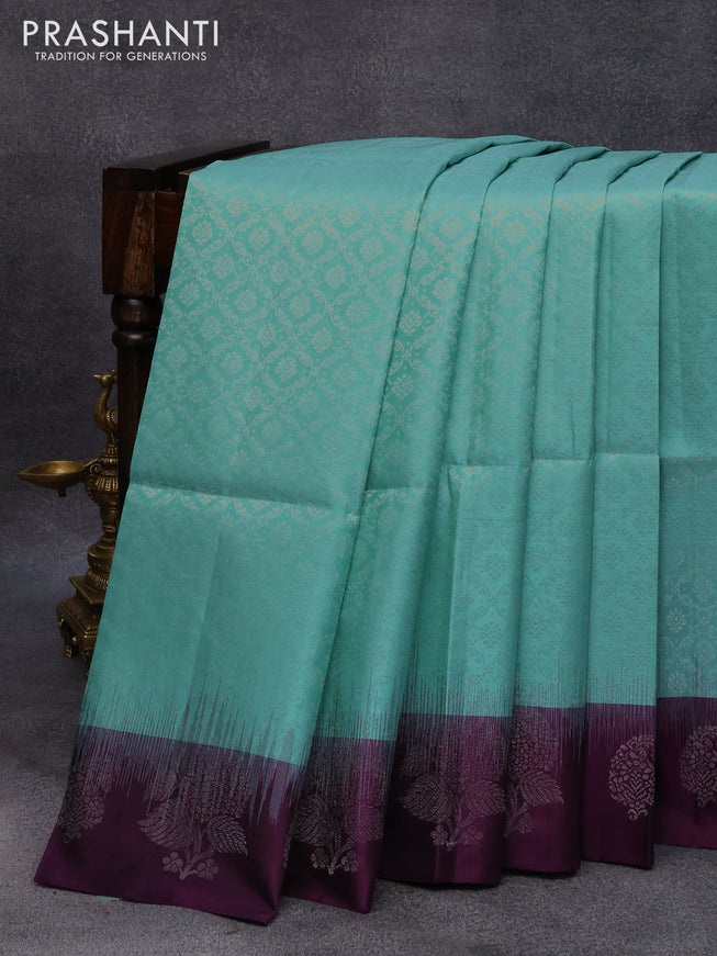 Pure soft silk saree pastel blue and purple with allover silver zari woven brocade weaves and silver zari woven butta border