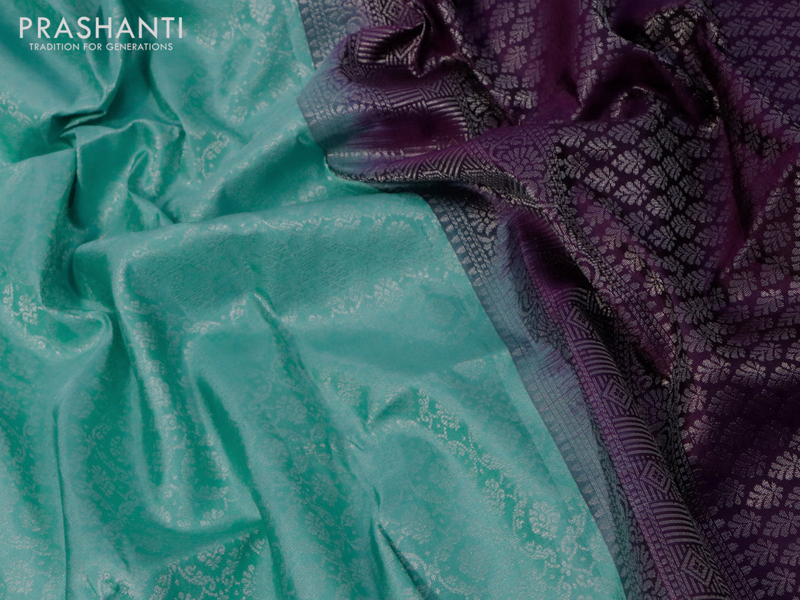 Pure soft silk saree pastel blue and purple with allover silver zari woven brocade weaves and silver zari woven butta border