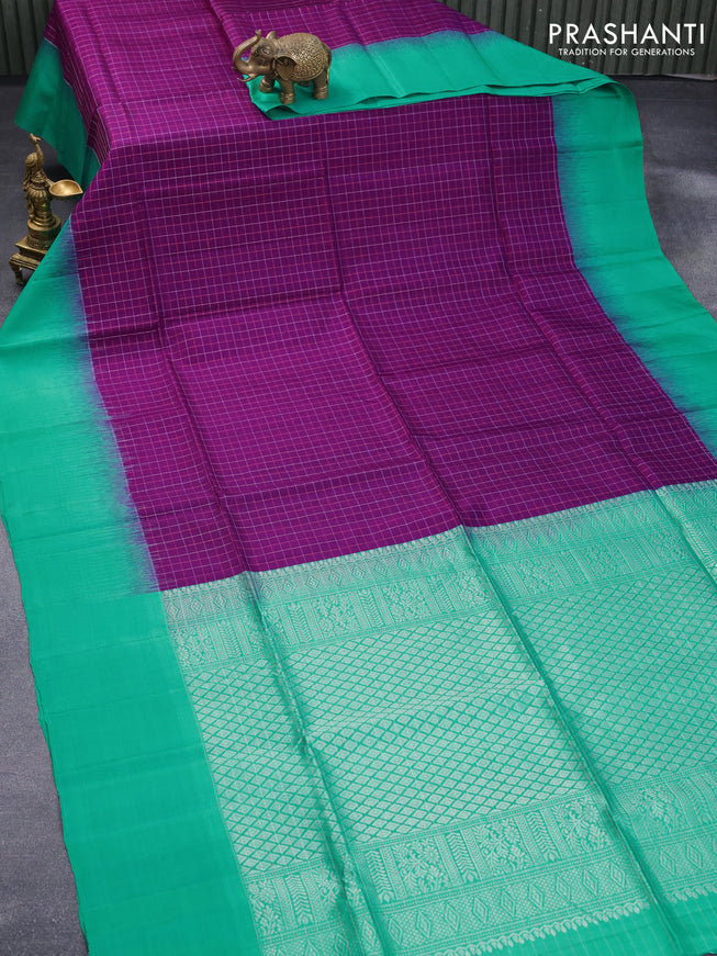 Pure soft silk saree violet and teal blue with allover checked pattern and simple border