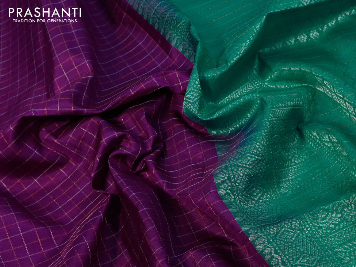 Pure soft silk saree violet and teal blue with allover checked pattern and simple border