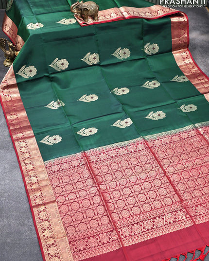 Pure soft silk saree green and maroon with floarl zari woven buttas and floarl zari woven border