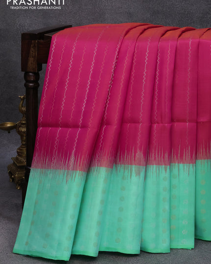 Pure soft silk saree pink and teal green with allover silver & copper zari weaves and long silver & copper zari woven butta border