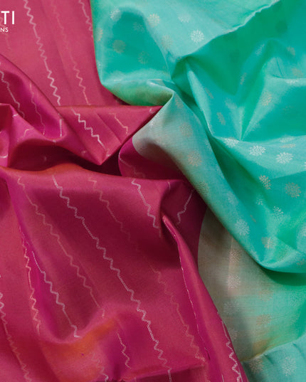 Pure soft silk saree pink and teal green with allover silver & copper zari weaves and long silver & copper zari woven butta border