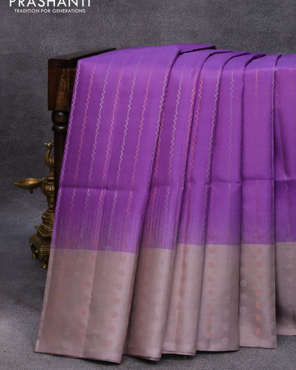 Pure soft silk saree violet and pastel grey with allover silver & copper zari weaves and long silver & copper zari woven butta border