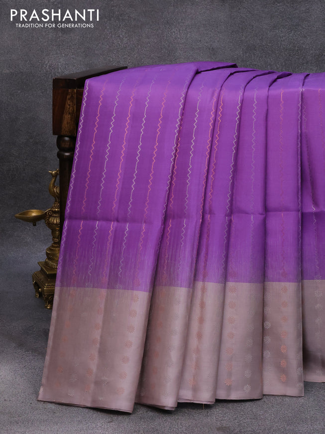 Pure soft silk saree violet and pastel grey with allover silver & copper zari weaves and long silver & copper zari woven butta border