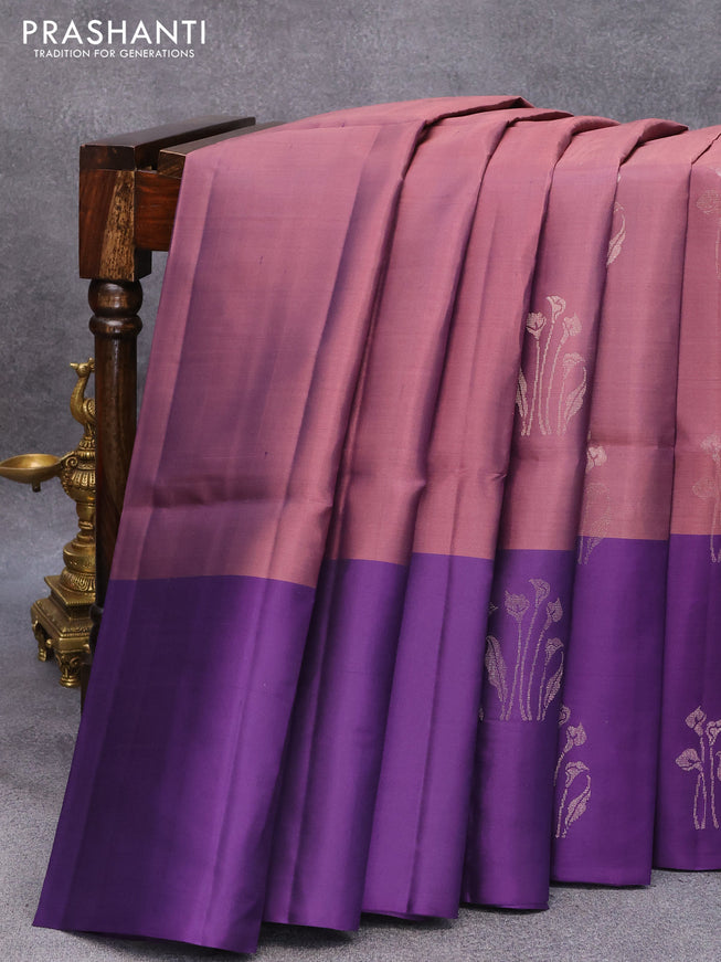Pure soft silk saree rosy brown and deep violet with zari woven buttas and long zari woven butta border