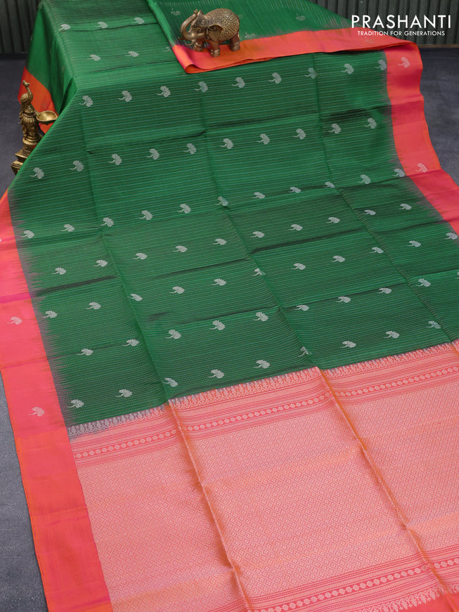 Pure soft silk saree green and dual shade of pinkish orange with allover zari weaves & zari buttas and floral zari woven border