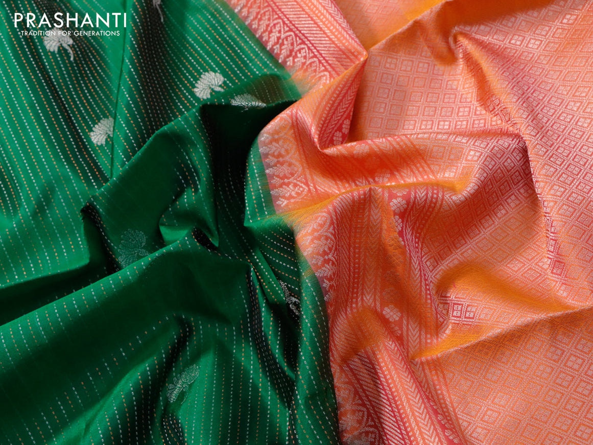 Pure soft silk saree green and dual shade of pinkish orange with allover zari weaves & zari buttas and floral zari woven border