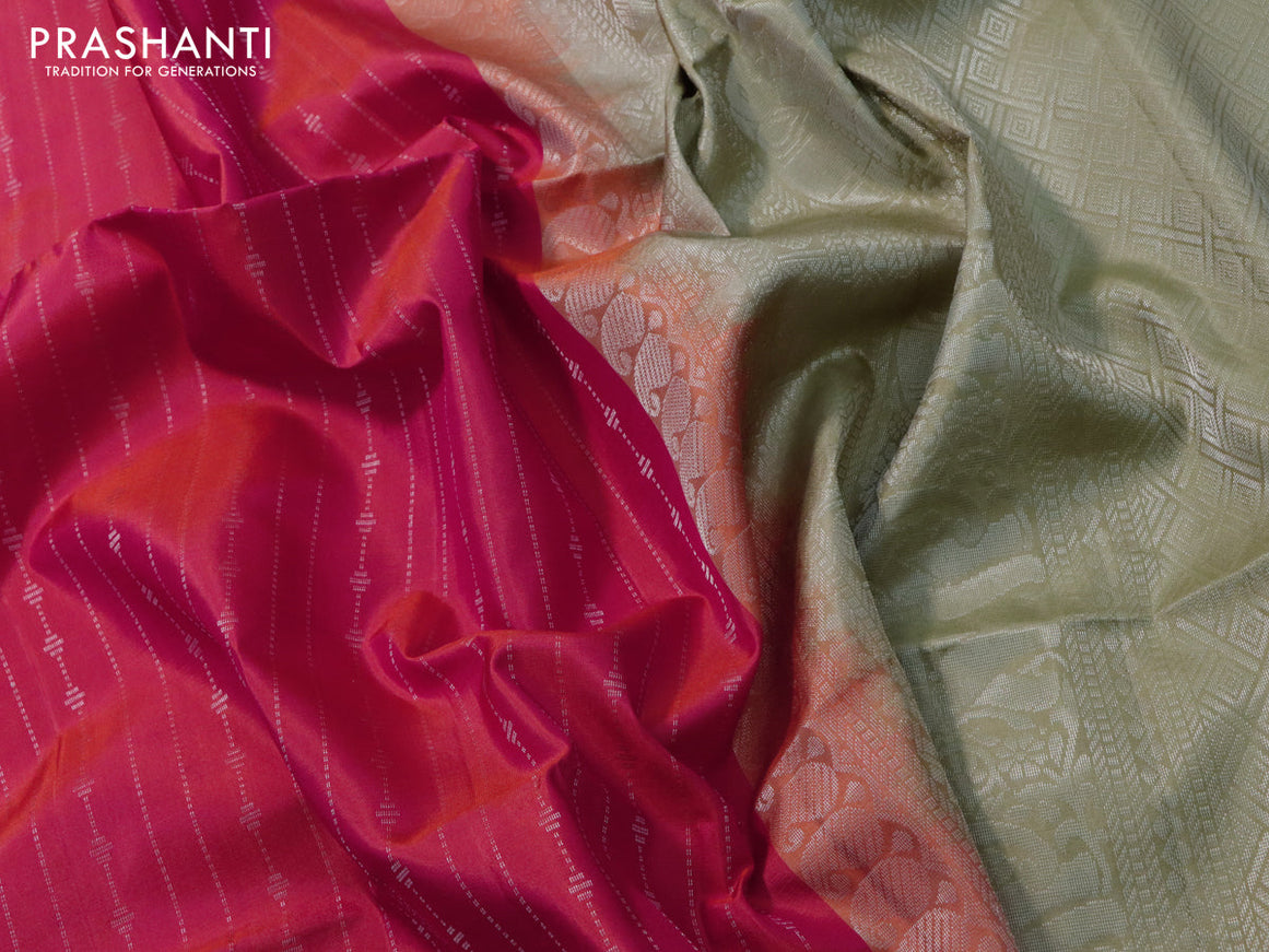 Pure soft silk saree dual shade of pinkish orange and elaichi green with allover silver zari weaves and silver zari woven butta border
