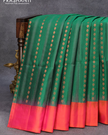 Pure soft silk saree green and dual shade of pinkish orange with allover silver & copper zari weaves and simple border