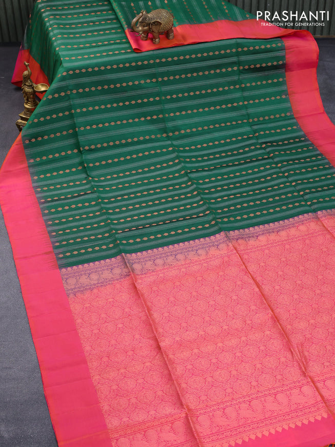 Pure soft silk saree green and dual shade of pinkish orange with allover silver & copper zari weaves and simple border