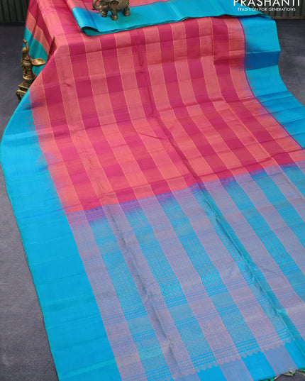 Pure soft silk saree maroon shade and dual shade of bluish green with allover copper zari checked pattern and simple border