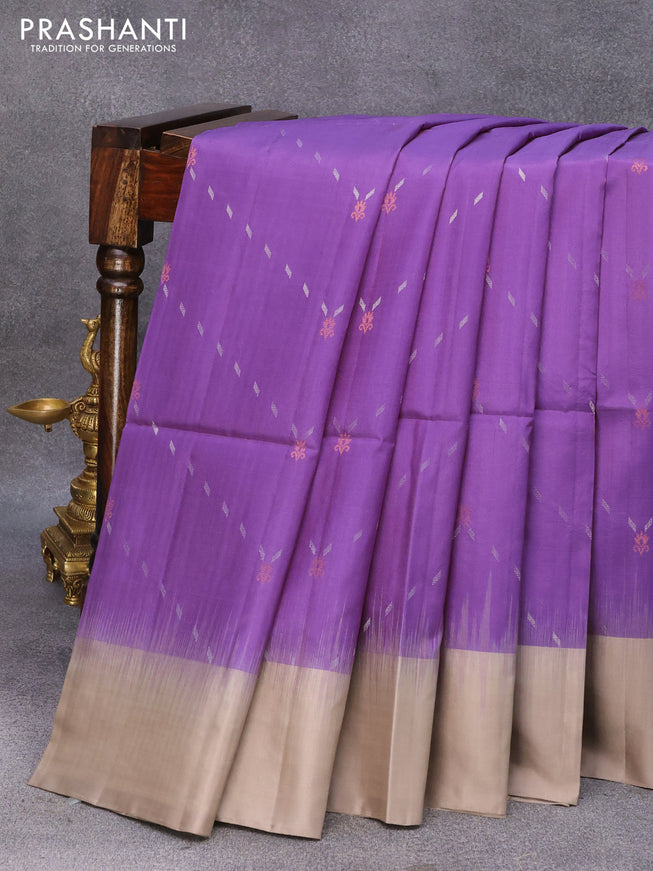 Pure soft silk saree violet shade and grey with silver & copper zari weaves and simple border