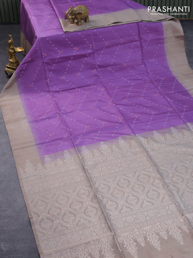 Pure soft silk saree violet shade and grey with silver & copper zari weaves and simple border