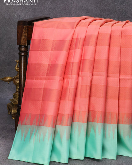 Pure soft silk saree peach pink shade and teal green shade with allover copper zari checked pattern and simple border
