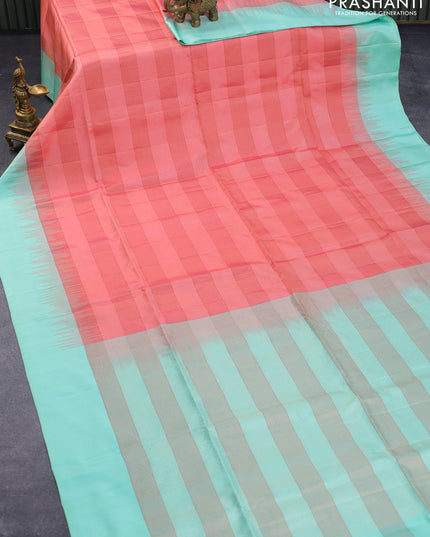 Pure soft silk saree peach pink shade and teal green shade with allover copper zari checked pattern and simple border