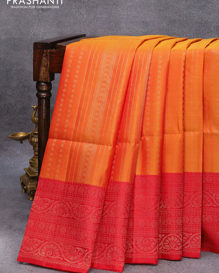 Pure soft silk saree dual shade mustard yelloe and red with allover zari weaves and rich zari woven border