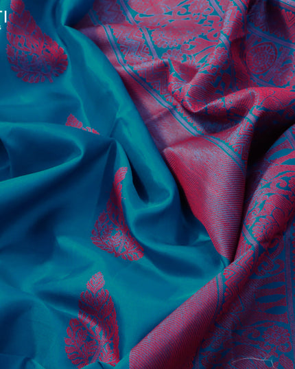 Pure soft silk saree peacock blue with thread woven buttas and pinping border