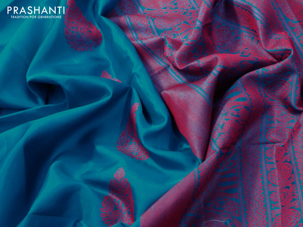 Pure soft silk saree peacock blue with thread woven buttas and pinping border