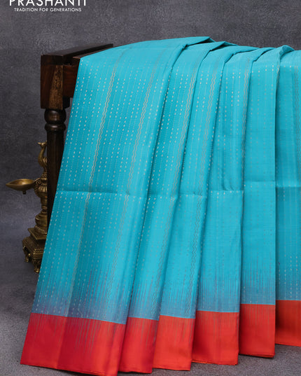 Pure soft silk saree teal blue and dual shade of pinkish orange with allover silver & copper zari weaves and simple border