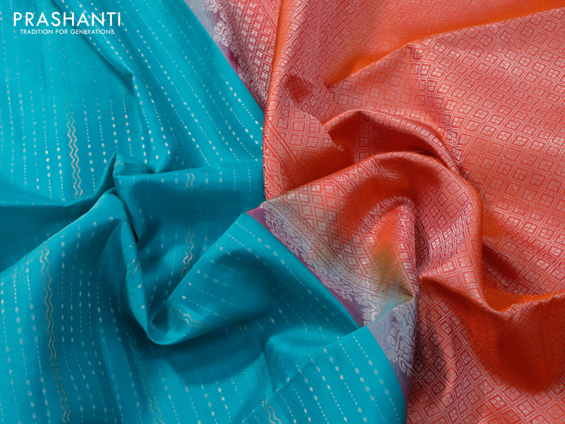 Pure soft silk saree teal blue and dual shade of pinkish orange with allover silver & copper zari weaves and simple border