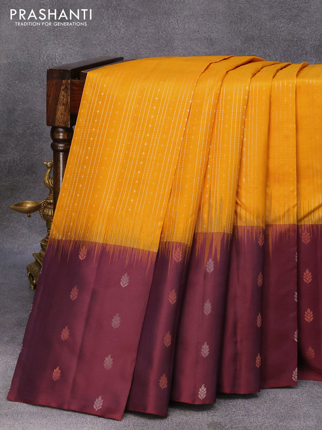 Pure soft silk saree mustard yellow and deep maroon with allover silver & copper zari weaves and long silver & copper zari woven butta border