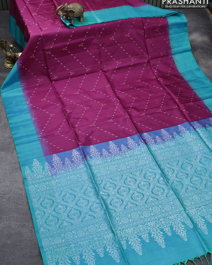 Pure soft silk saree deep purple and teal blue with allover silver & copper zari butta weaves and simple border