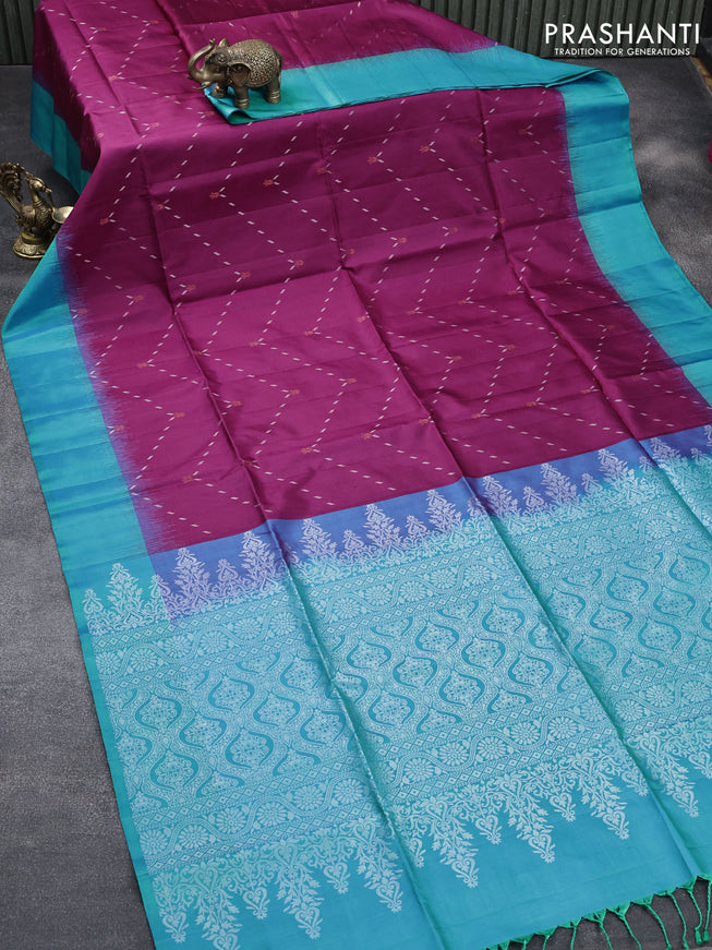 Pure soft silk saree deep purple and teal blue with allover silver & copper zari butta weaves and simple border