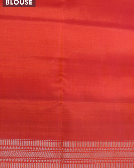 Pure soft silk saree dual shade of blue and dual shade of pinkish orange with allover silver & copper zari weaves and simple border