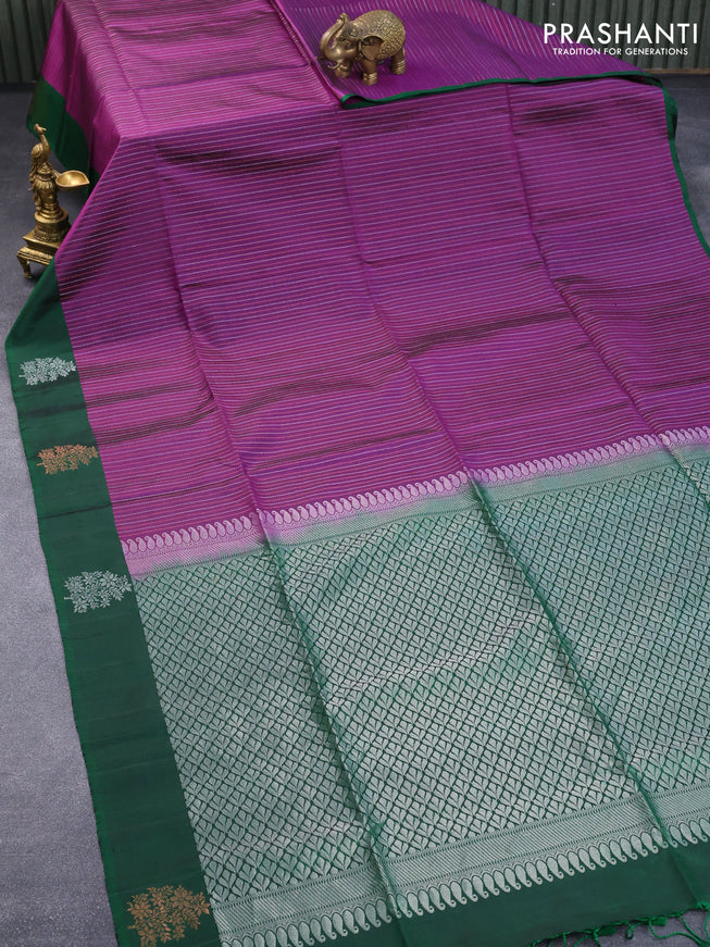 Pure soft silk saree purple and green with allover silver & copper zari stripe pattern and floral zari woven butta border