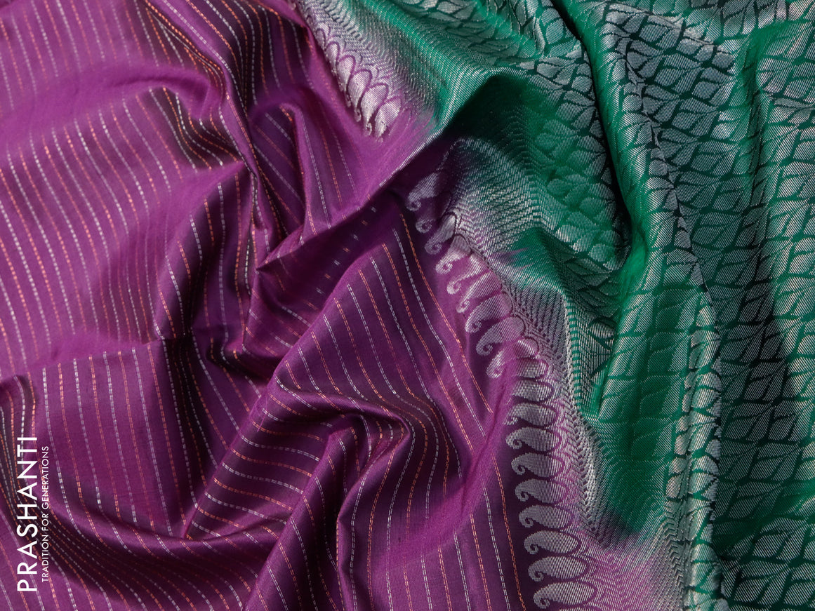Pure soft silk saree purple and green with allover silver & copper zari stripe pattern and floral zari woven butta border