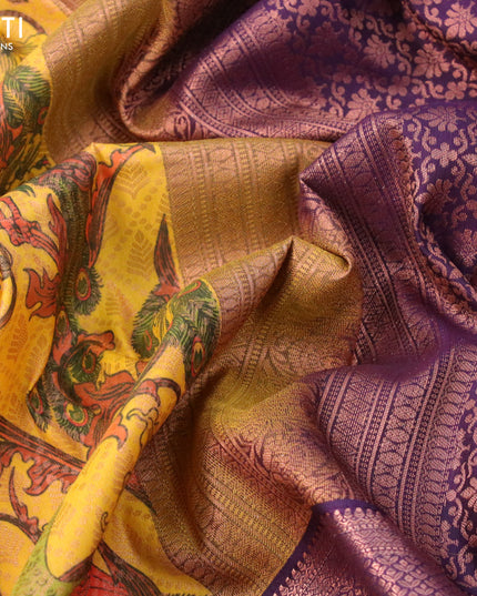 Bangalori silk saree mango yellow and wine shade with allover kalamkari prints & copper zari weaves and long copper zari woven border