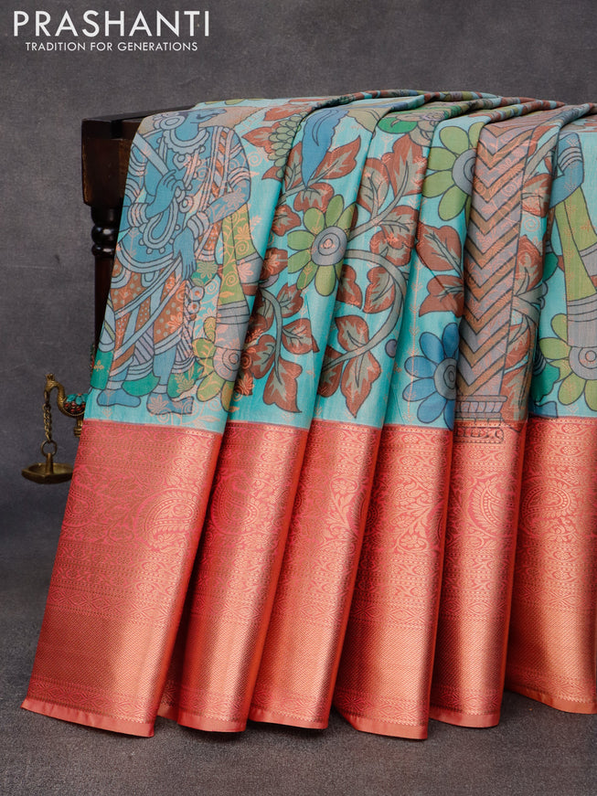 Bangalori silk saree pastel blue and brown shade with allover kalamkari prints & copper zari weaves and long copper zari woven border