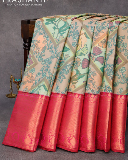 Bangalori silk saree brown green shade and magenta pink with allover kalamkari prints & copper zari woven buttas and long copper zari woven border