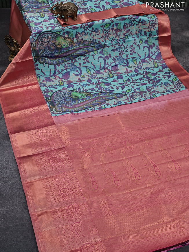 Bangalori silk saree pastel blue and dual shade of pink with allover kalamkari prints & copper zari weaves and copper long zari woven border