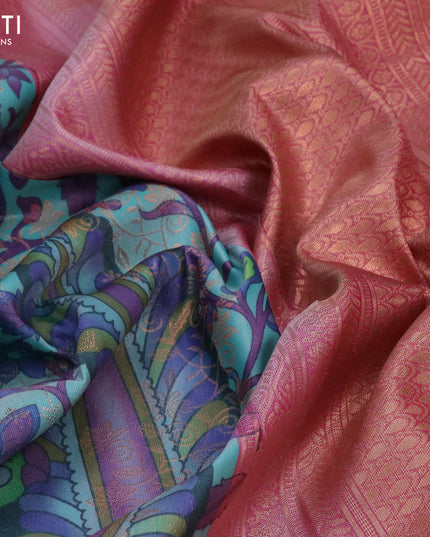 Bangalori silk saree pastel blue and dual shade of pink with allover kalamkari prints & copper zari weaves and copper long zari woven border