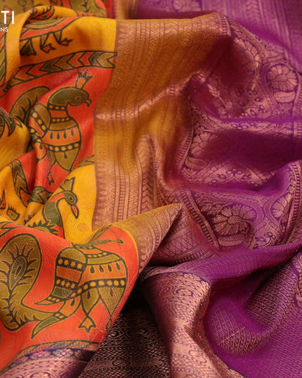 Bangalori silk saree orange yellow and purple with allover kalamkari prints & copper zari woven buttas and long copper zari woven border