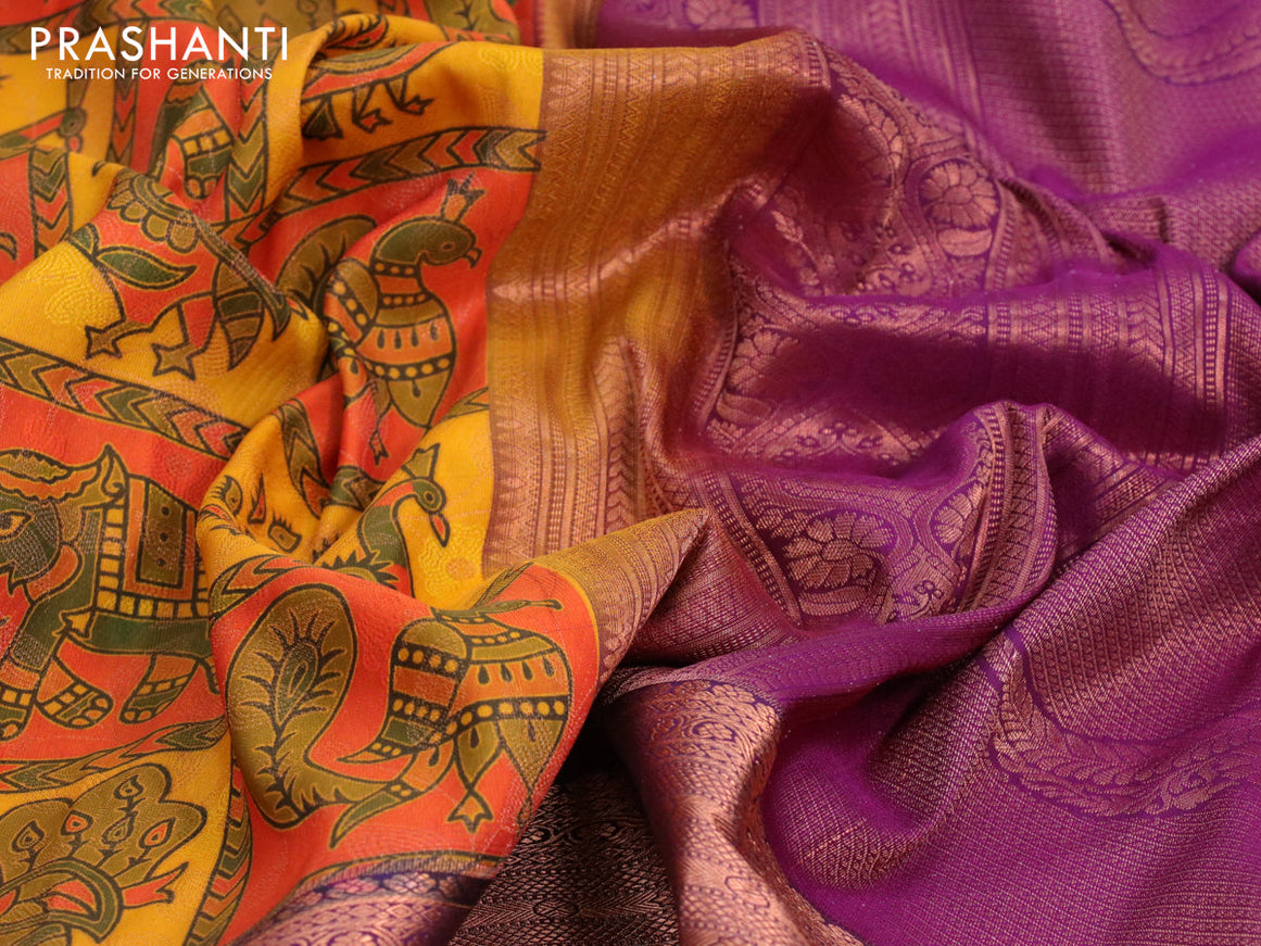 Bangalori silk saree orange yellow and purple with allover kalamkari prints & copper zari woven buttas and long copper zari woven border