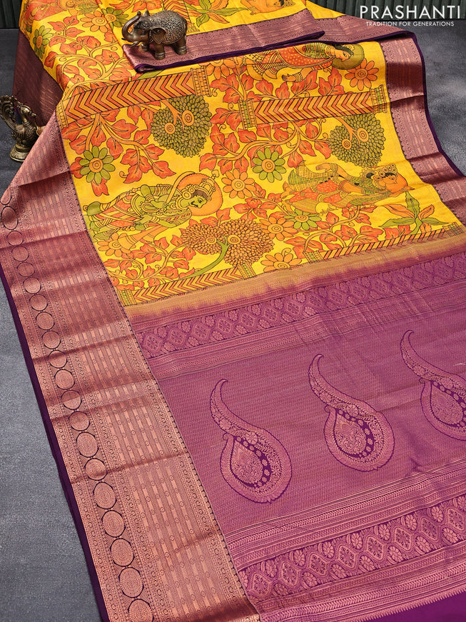 Bangalori silk saree mango yellow and purple with allover kalamkari prints & copper zari woven buttas and long copper zari woven border