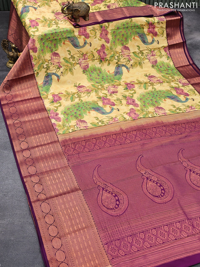 Bangalori silk saree beige and purple with allover kalamkari prints & copper zari woven buttas and long copper zari woven border