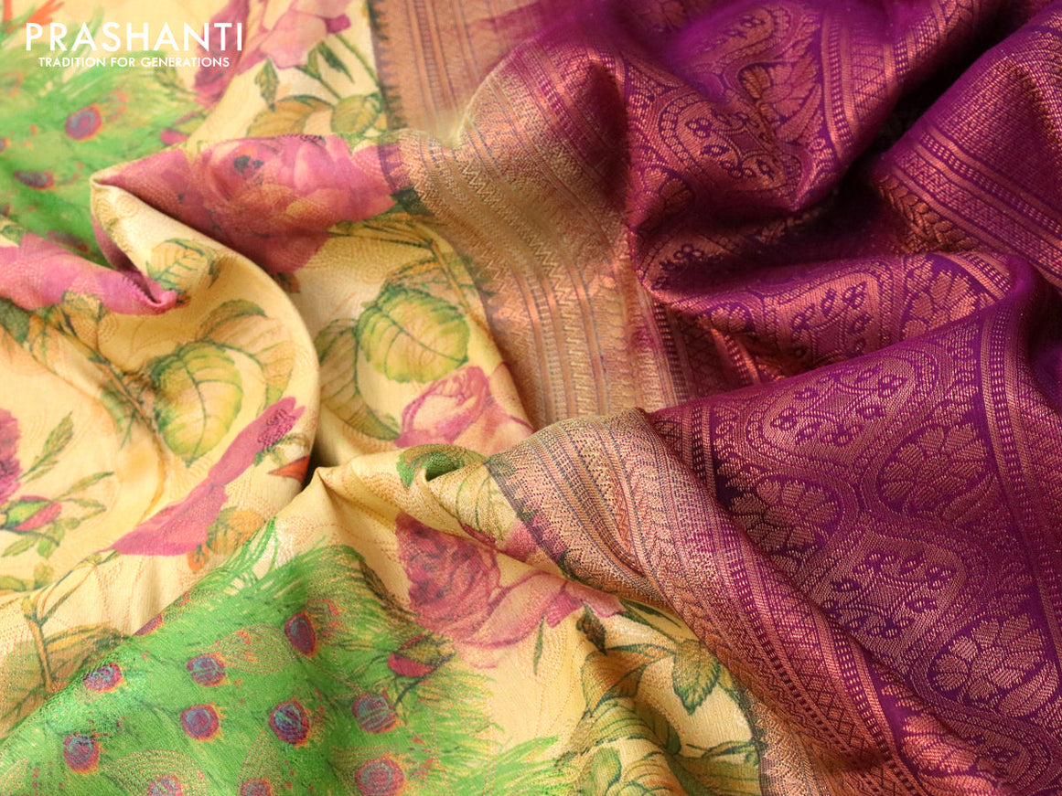 Bangalori silk saree beige and purple with allover kalamkari prints & copper zari woven buttas and long copper zari woven border