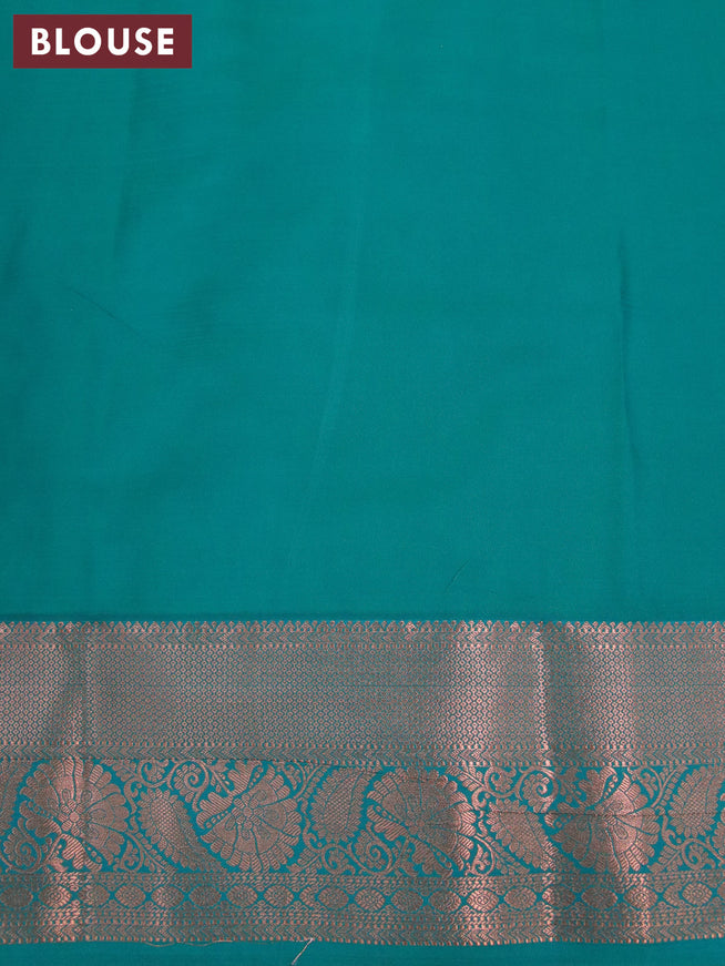 Bangalori silk saree beige and peacock green with allover kalamkari prints & copper zari woven buttas and copper zari woven border