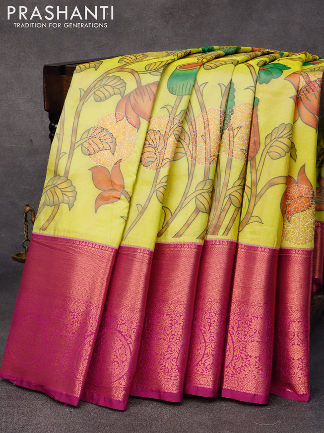 Bangalori silk saree fluorescent green and purple with allover kalamkari prints & copper zari woven buttas and long copper zari woven border