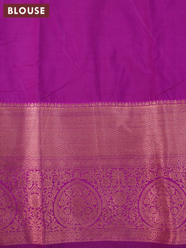Bangalori silk saree fluorescent green and purple with allover kalamkari prints & copper zari woven buttas and long copper zari woven border
