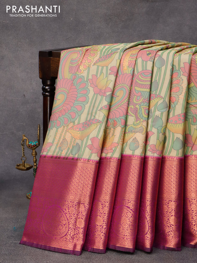 Bangalori silk saree elaichi green shade and purple with allover kalamkari prints & copper zari woven buttas and long copper zari woven border