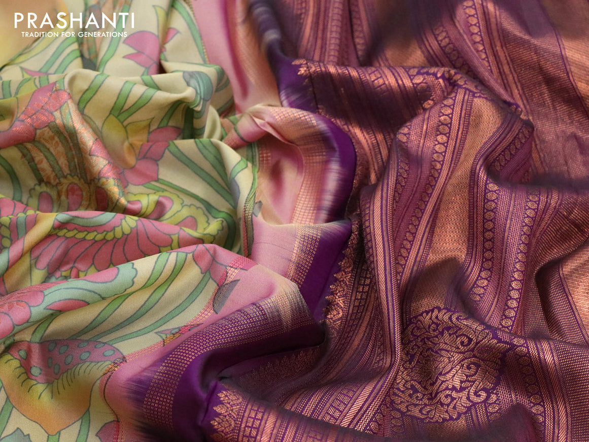 Bangalori silk saree elaichi green shade and purple with allover kalamkari prints & copper zari woven buttas and long copper zari woven border